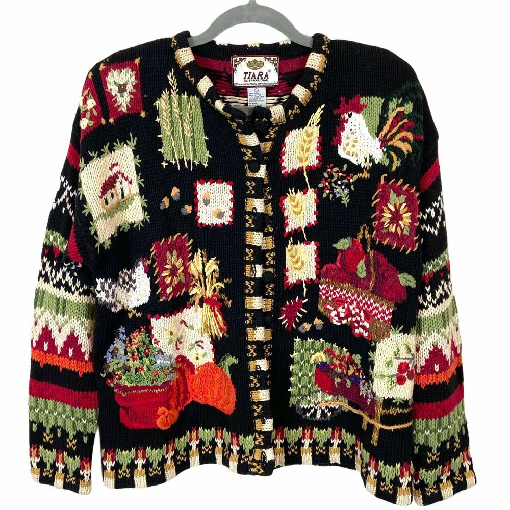 Cardigan Sweater Farmer's Market Chicken Chunky Novelty Granny Chic Size Large